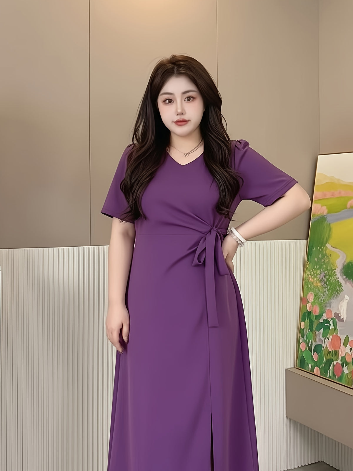 Robe midi grande taille — Viscose violette à nœud latéral