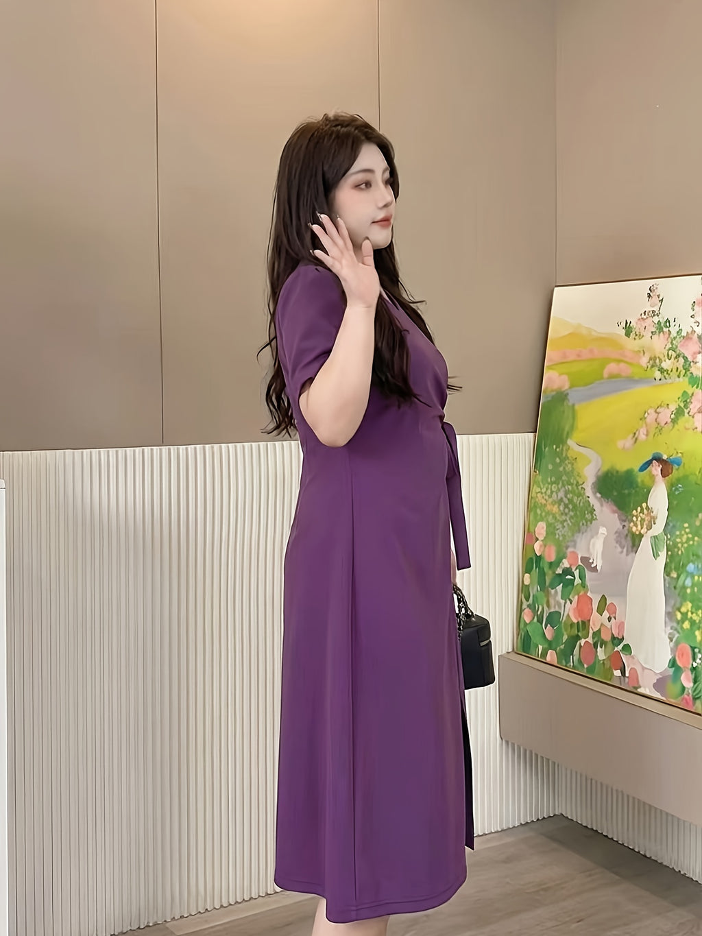 Robe midi grande taille — Viscose violette à nœud latéral
