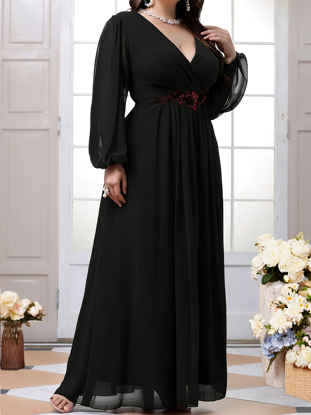 Robe en mousseline grande taille — Ceinture fleurie brodée