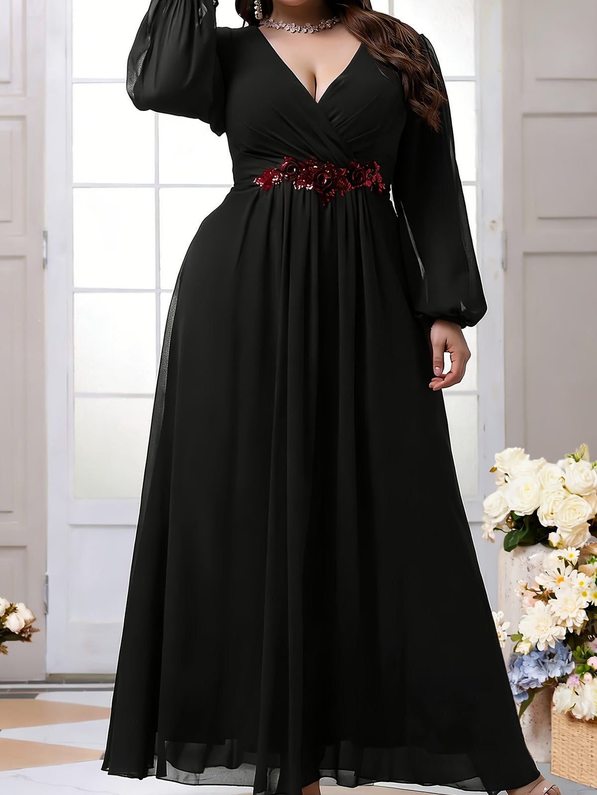 Robe en mousseline grande taille — Ceinture fleurie brodée