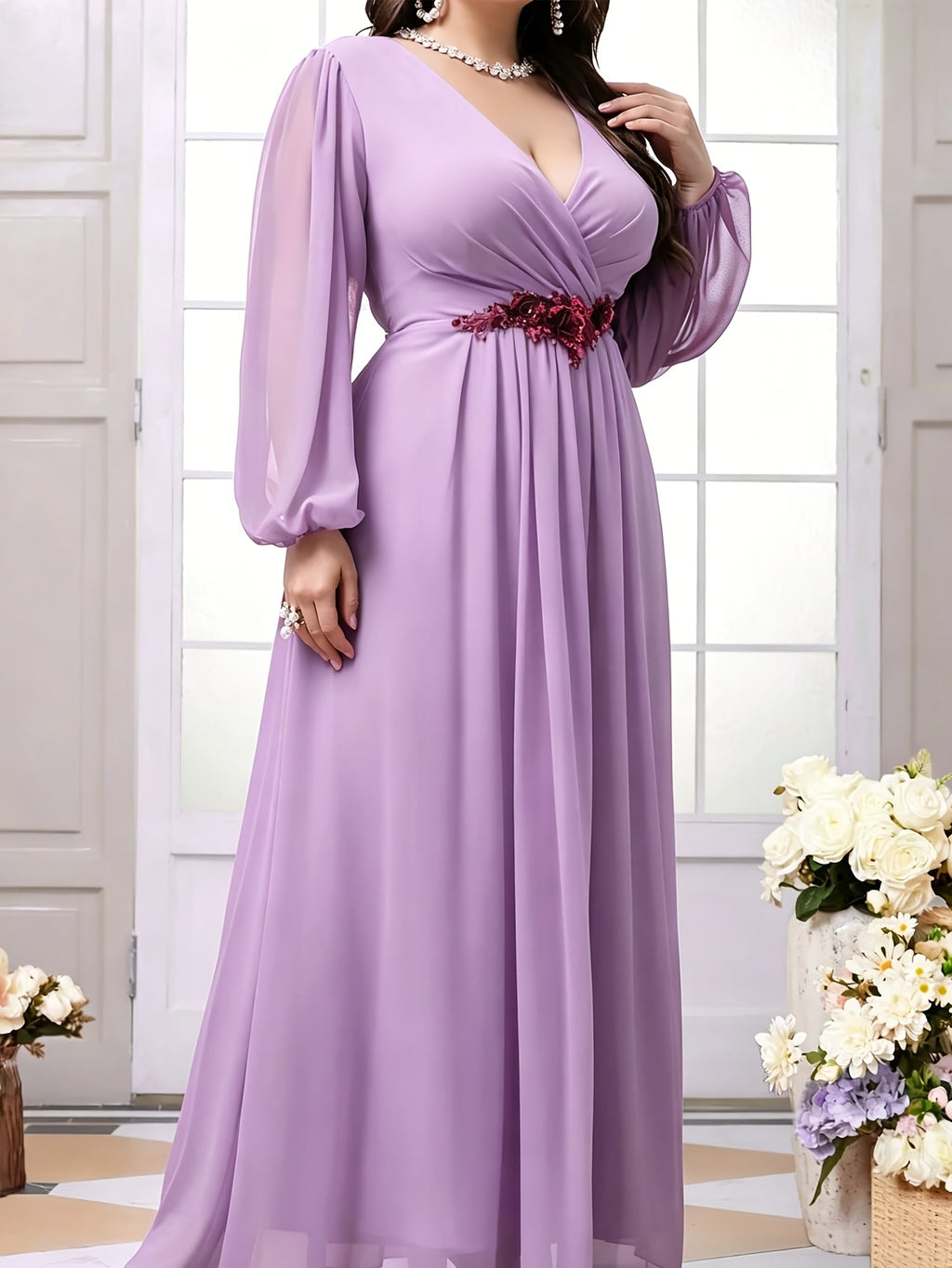 Robe en mousseline grande taille — Ceinture fleurie brodée