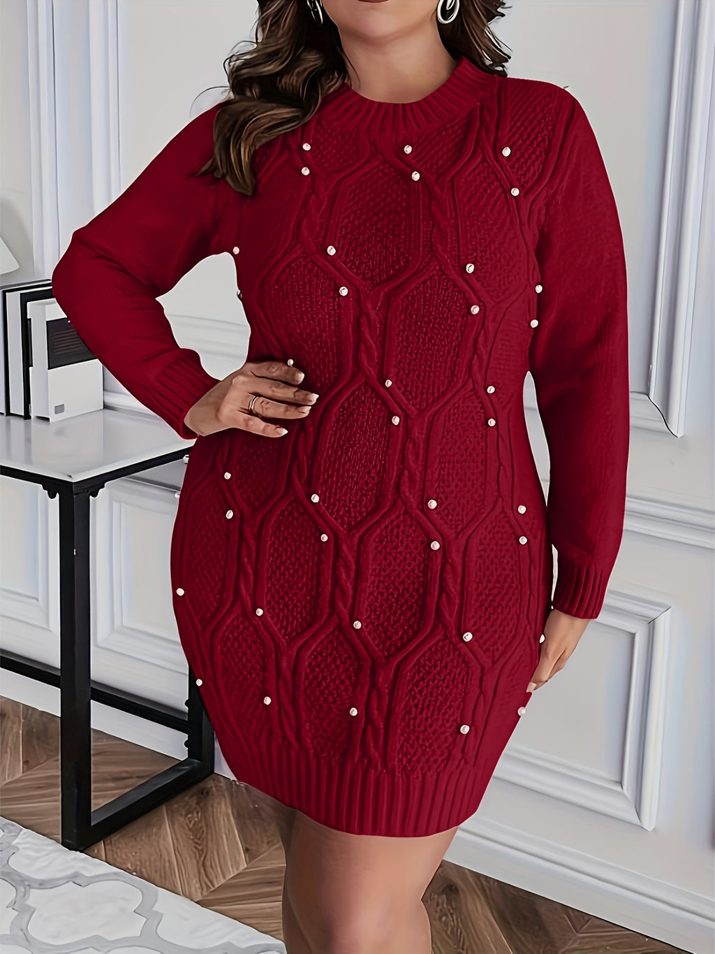 Robe de Noël grande taille — Maille perlée sur rouge vif