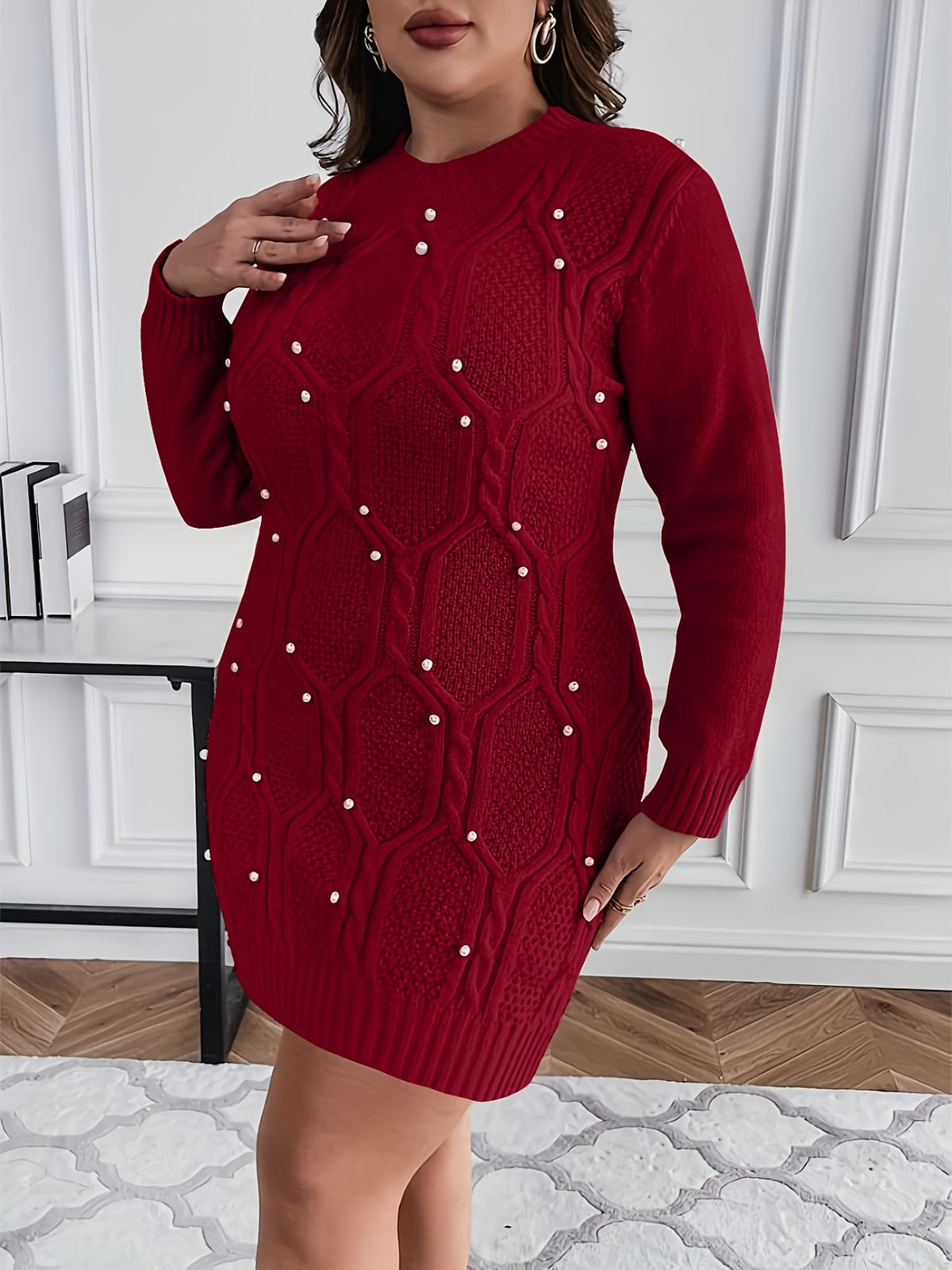 Robe de Noël grande taille — Maille perlée sur rouge vif