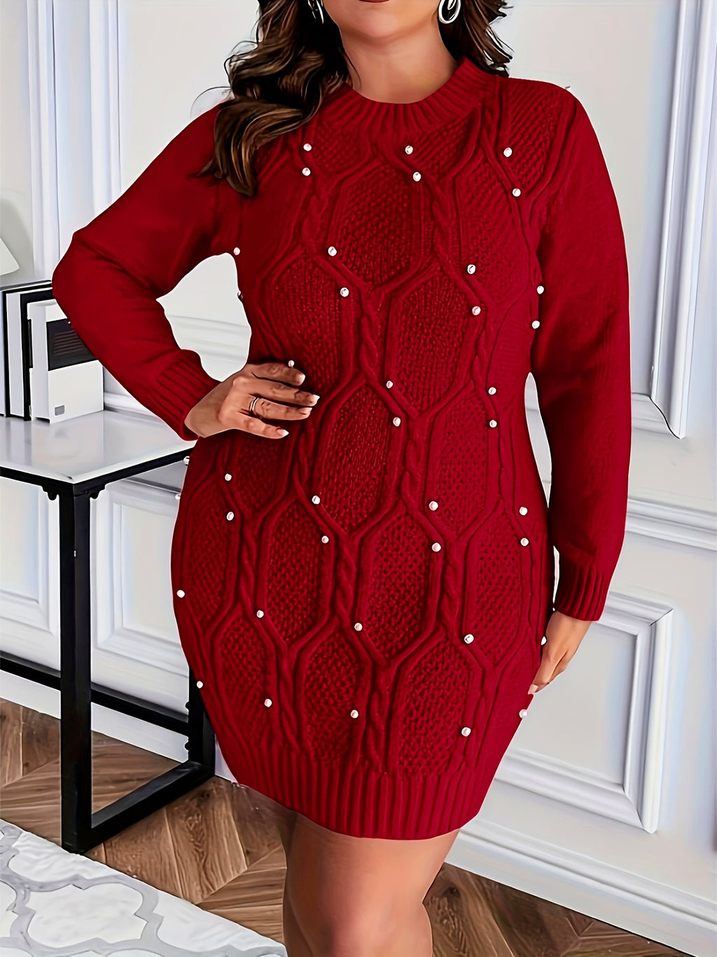 Robe de Noël grande taille — Maille perlée sur rouge vif