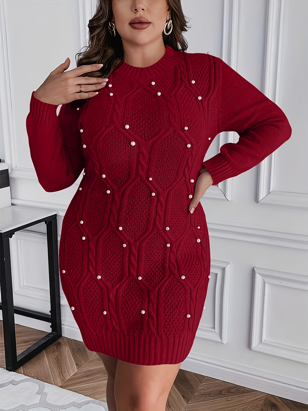 Robe de Noël grande taille — Maille perlée sur rouge vif