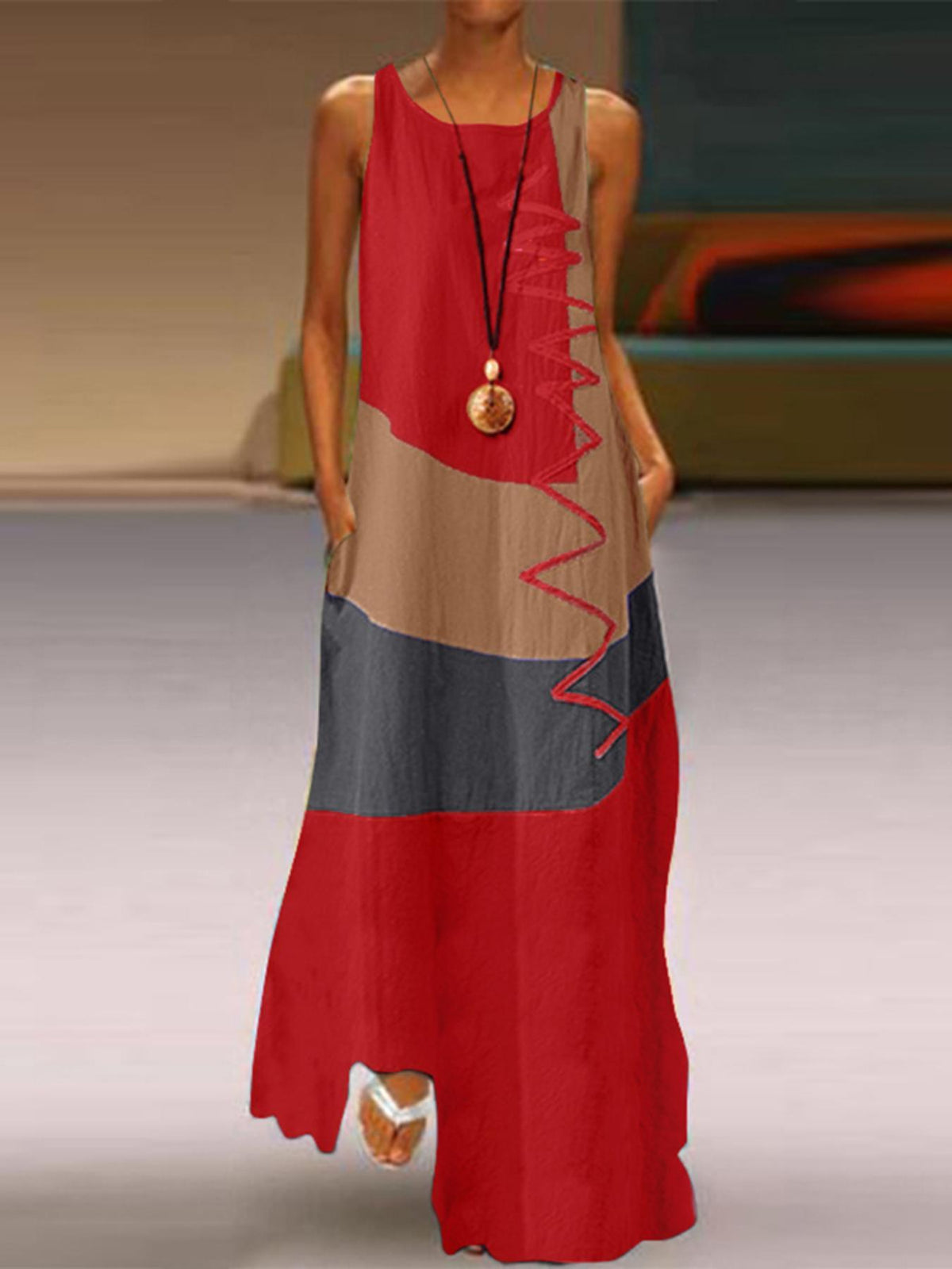 Robe originale grande taille, bandes contrastées, manches