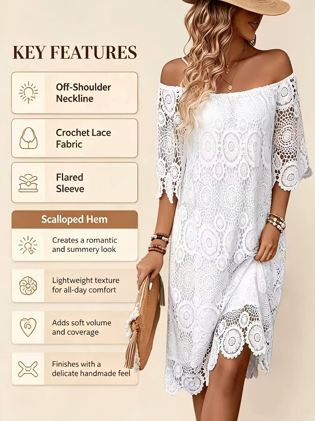 Robe de plage grande taille, courte en dentelle au crochet