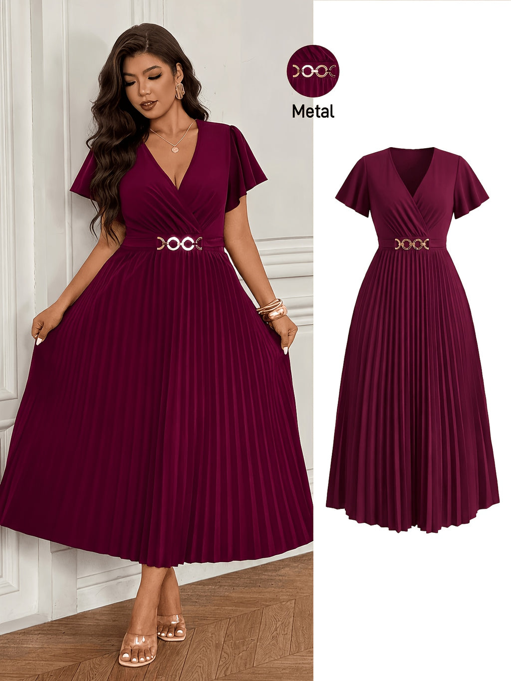 Robe plissée grande taille — Bordeaux à boucle métal dorée