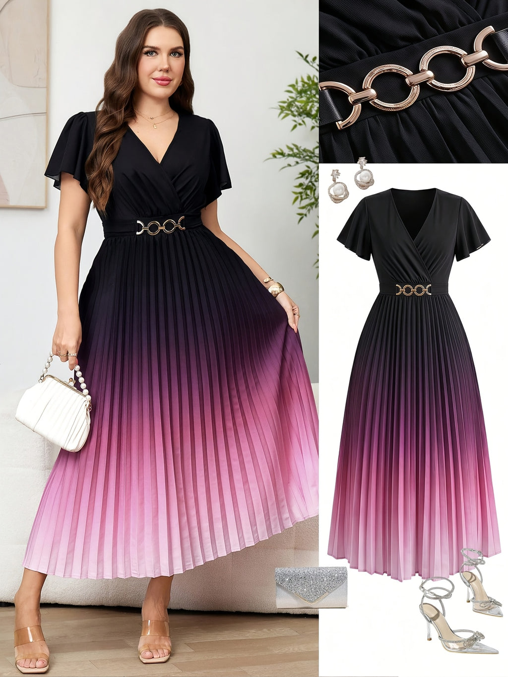 Robe plissée grande taille — Bordeaux à boucle métal dorée