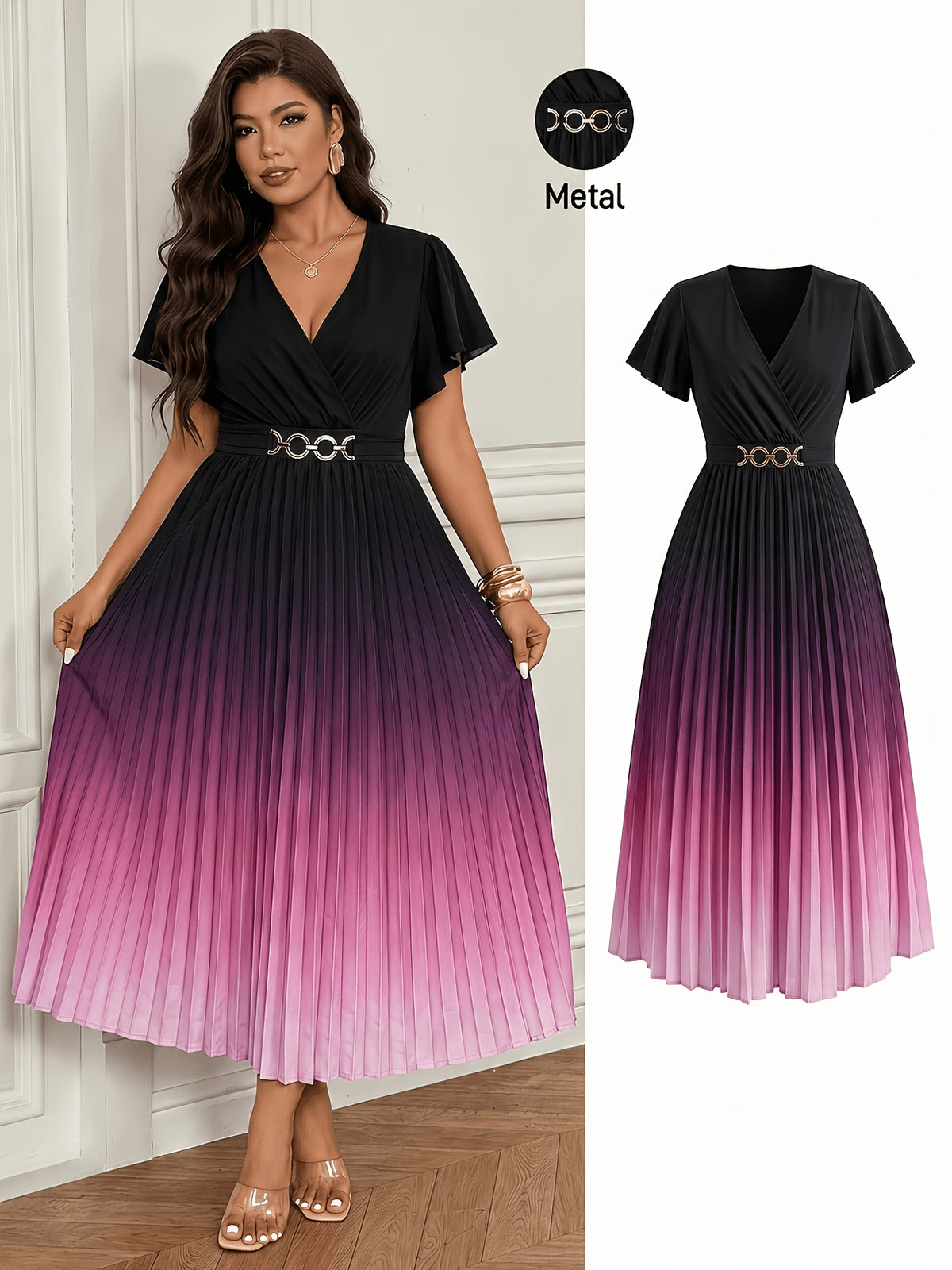 Robe plissée grande taille — Bordeaux à boucle métal dorée