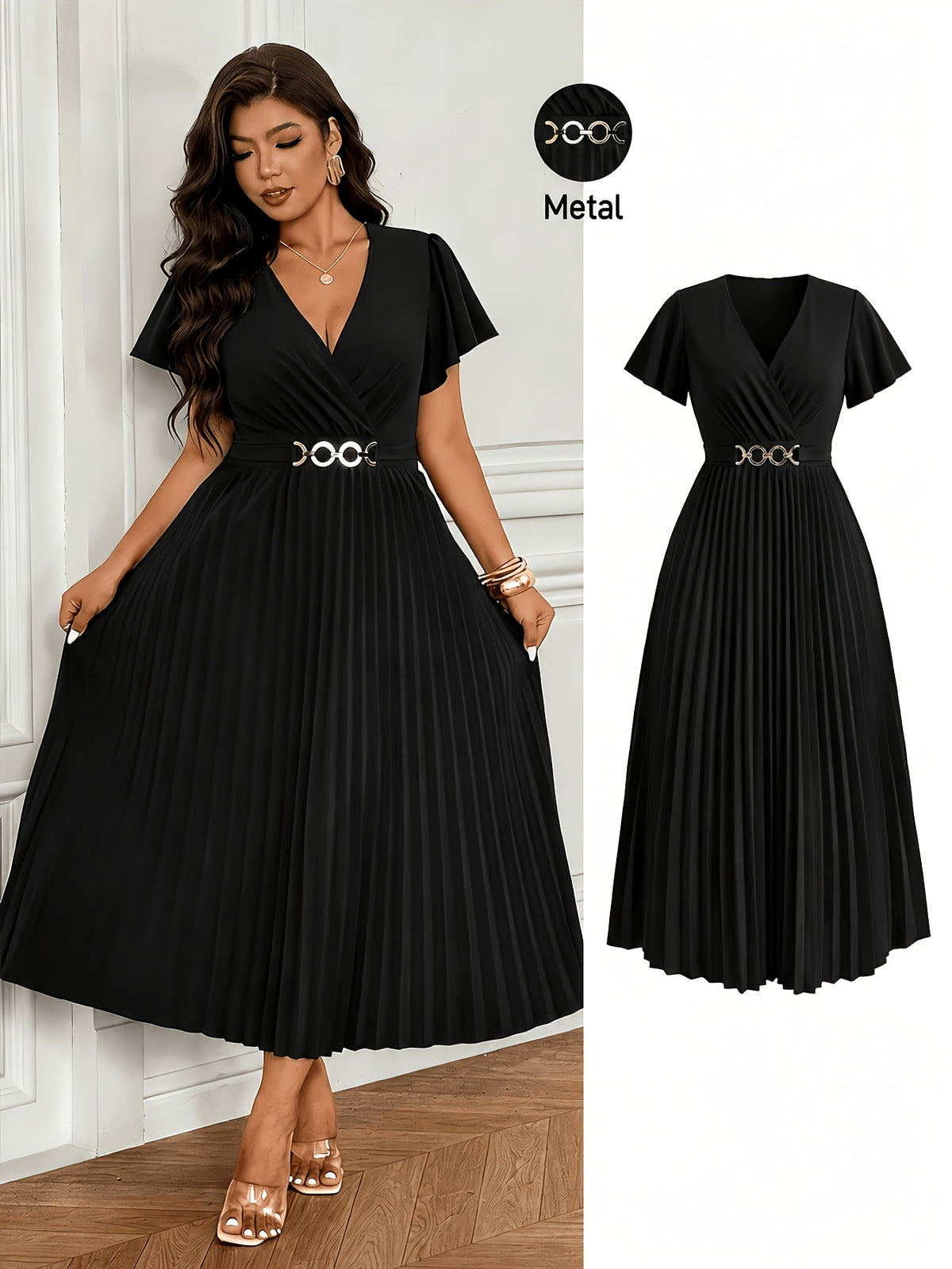 Robe plissée grande taille — Bordeaux à boucle métal dorée