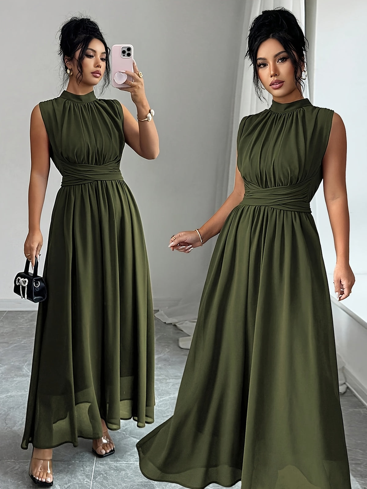 Robe plissée grande taille — Col montant vert sans manches