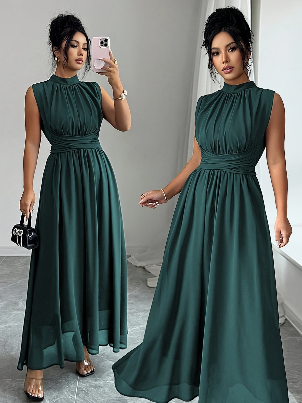Robe plissée grande taille — Col montant vert sans manches
