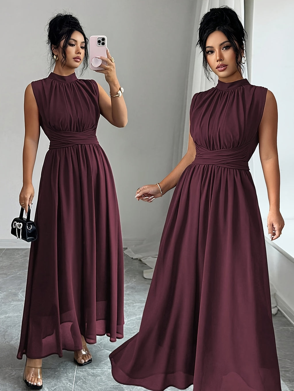 Robe plissée grande taille — Col montant vert sans manches