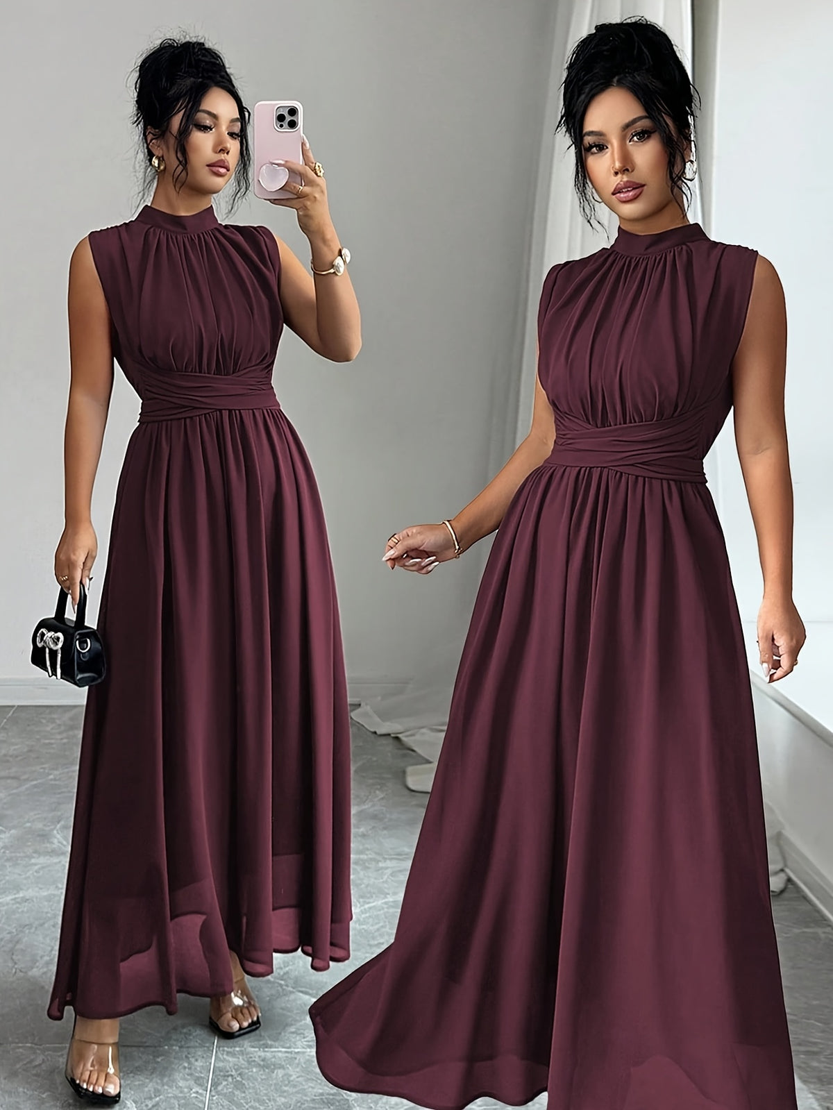 Robe plissée grande taille — Col montant vert sans manches