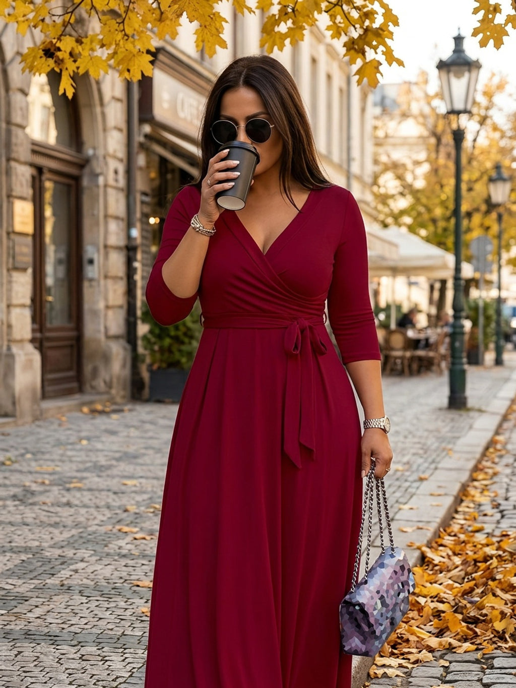 Robe portefeuille grande taille — Bordeaux à manches 3/4