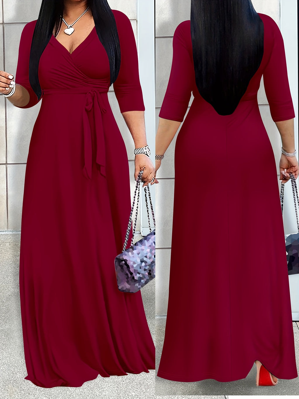 Robe portefeuille grande taille — Bordeaux à manches 3/4