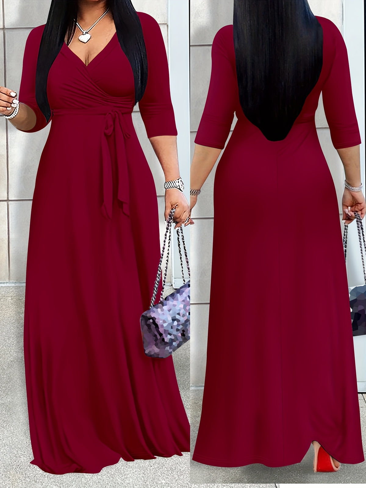 Robe portefeuille grande taille — Bordeaux à manches 3/4