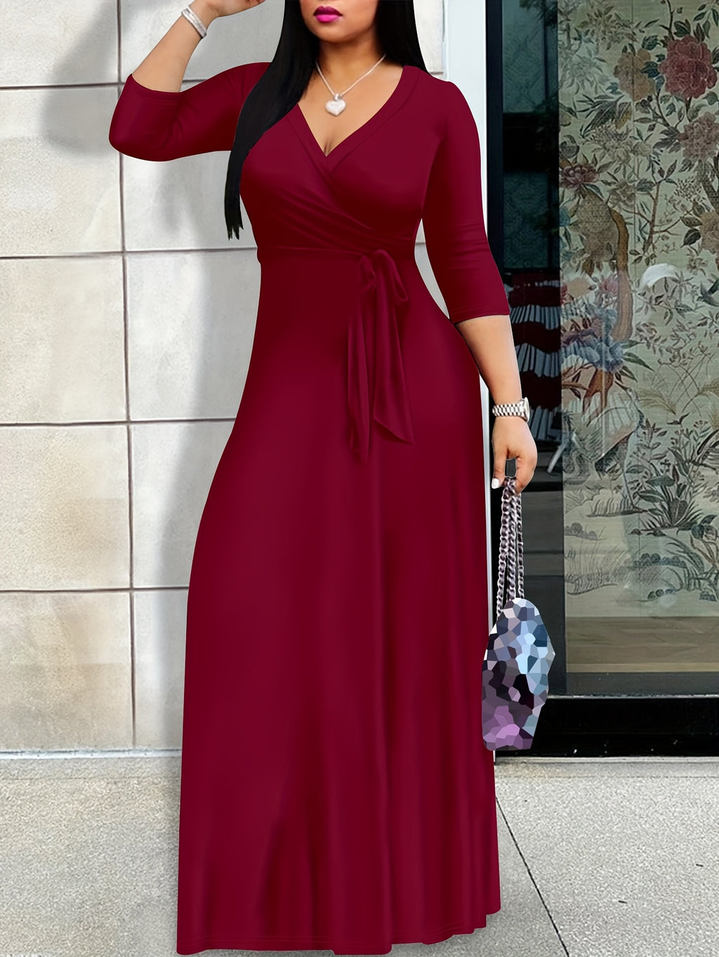 Robe portefeuille grande taille — Bordeaux à manches 3/4