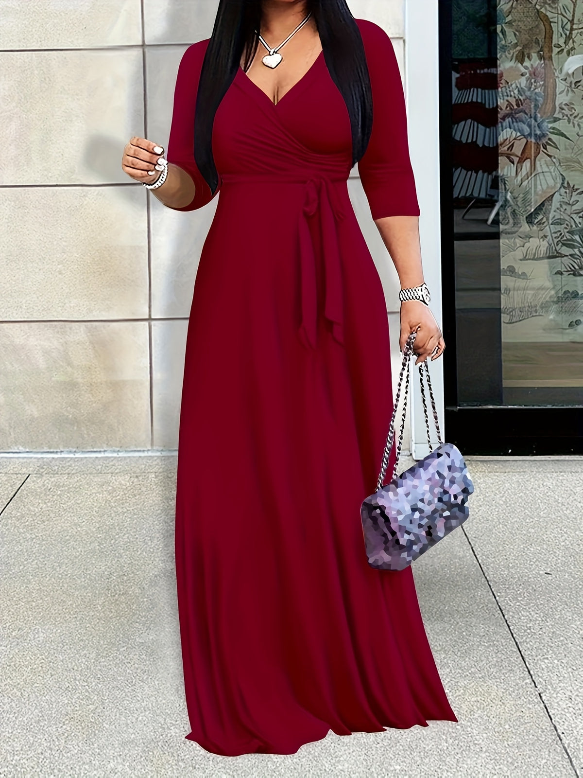 Robe portefeuille grande taille — Bordeaux à manches 3/4