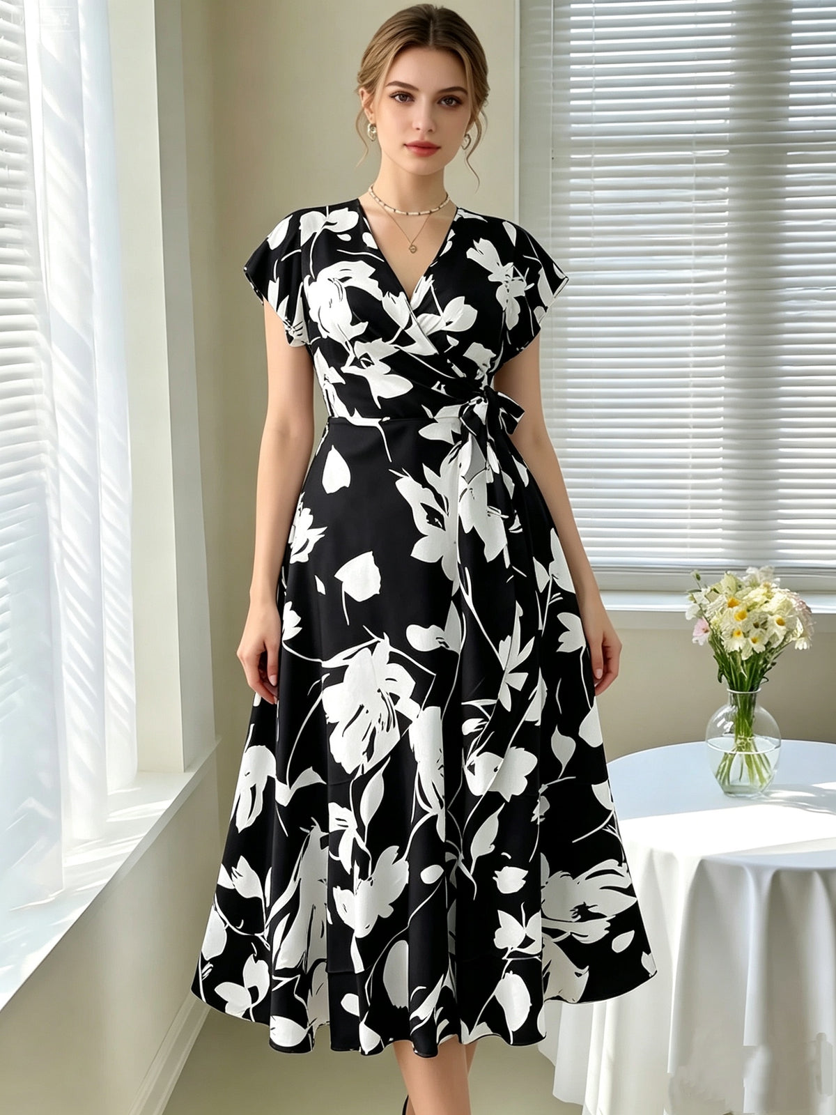 Robe portefeuille grande taille — Fleurs blanches sur noir