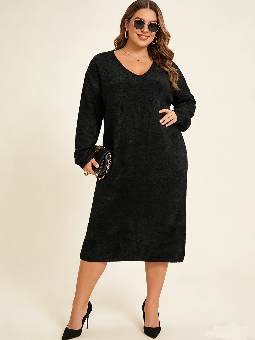 Robe pull grande taille — Maille effet vison au mi-mollet