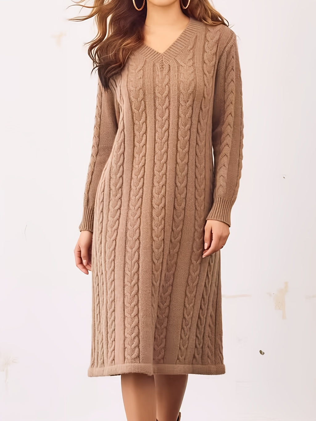 Robe pull grande taille — Torsades col V longueur mollet
