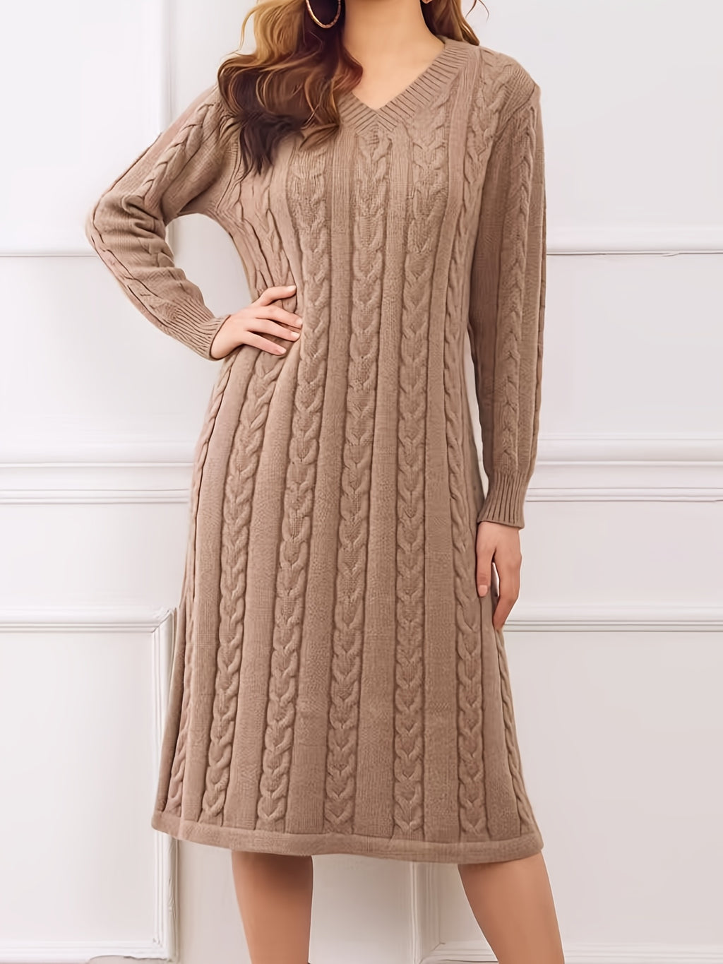 Robe pull grande taille — Torsades col V longueur mollet