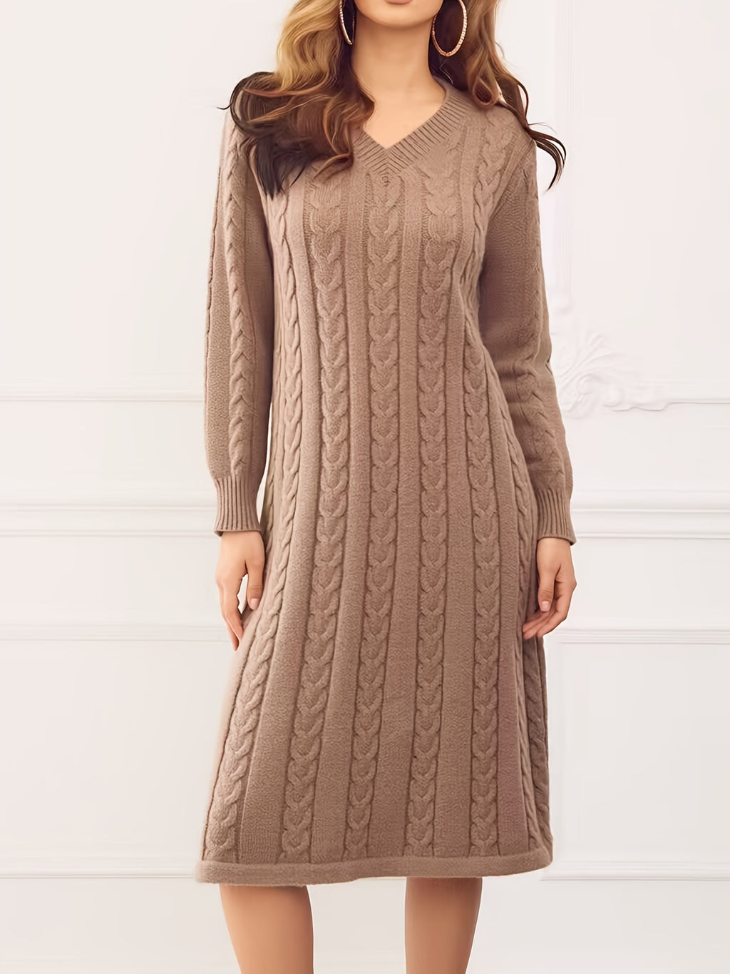 Robe pull grande taille — Torsades col V longueur mollet