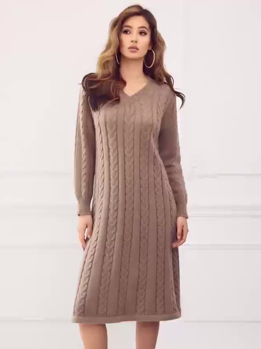 Robe pull grande taille — Torsades col V longueur mollet