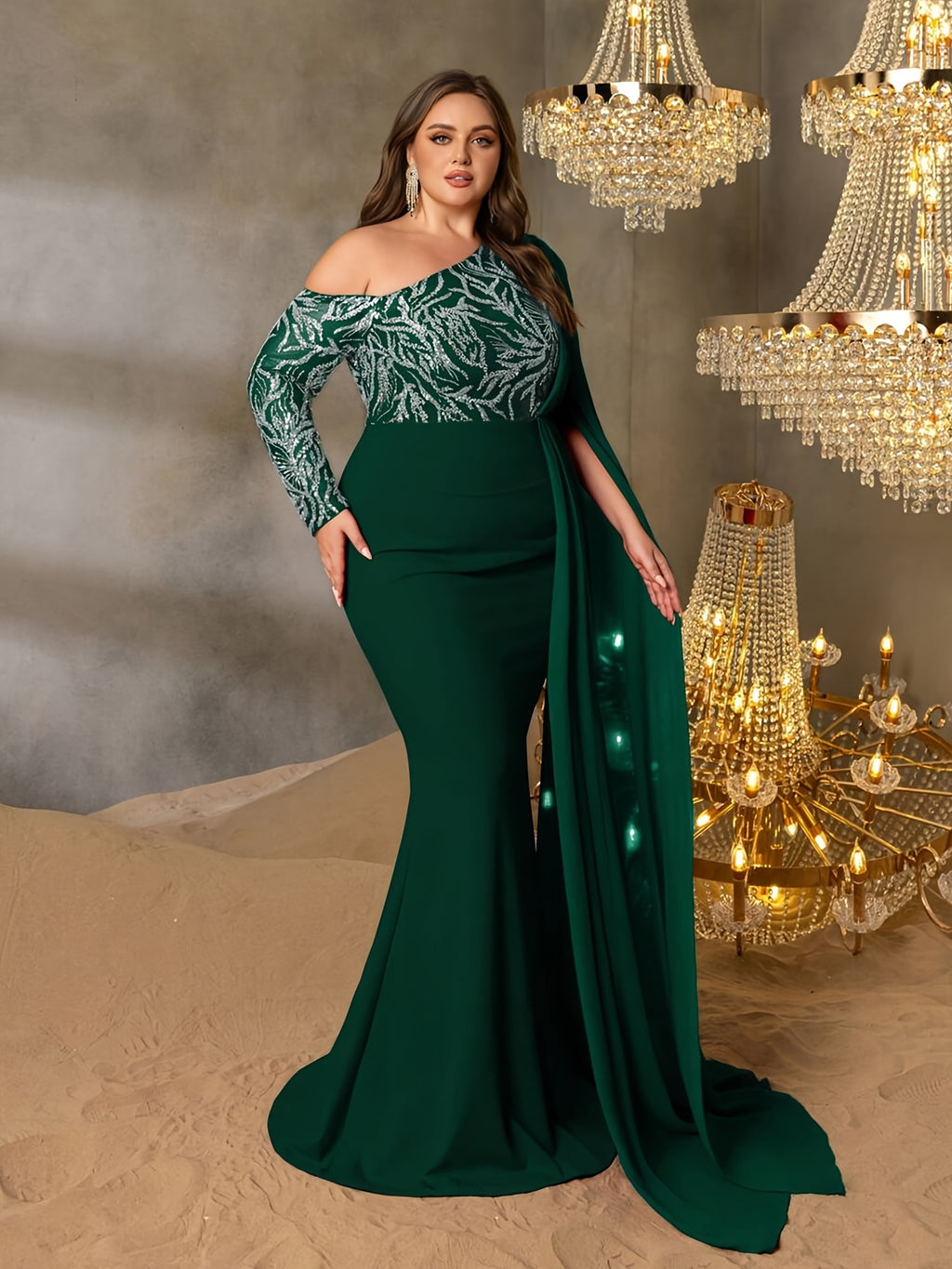 Robe sirène grande taille — Buste brodé vert et manche cape