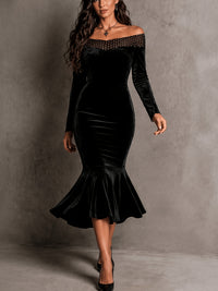 Robe sirène grande taille — Velours noir et résille perlée