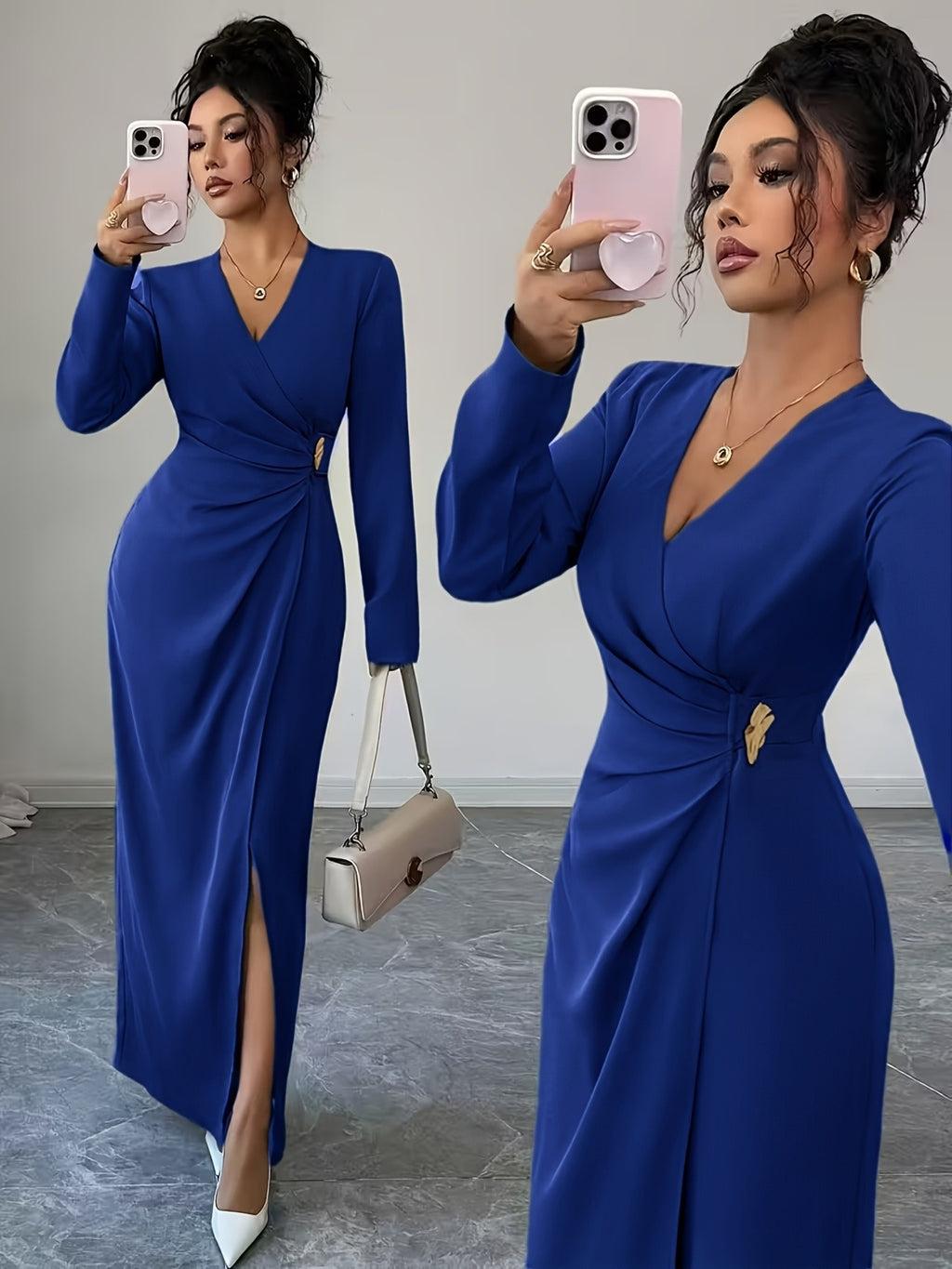 Robe de soirée grande taille — Bleu roi drapé à la taille