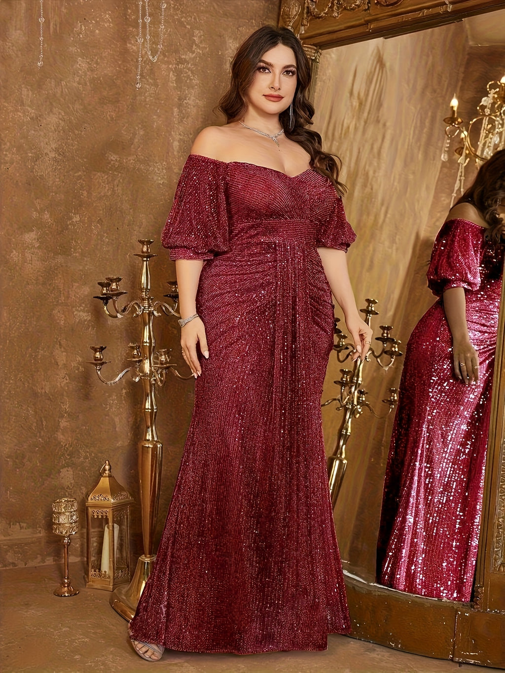 Robe de soirée grande taille — Bordeaux et drapé en éventail