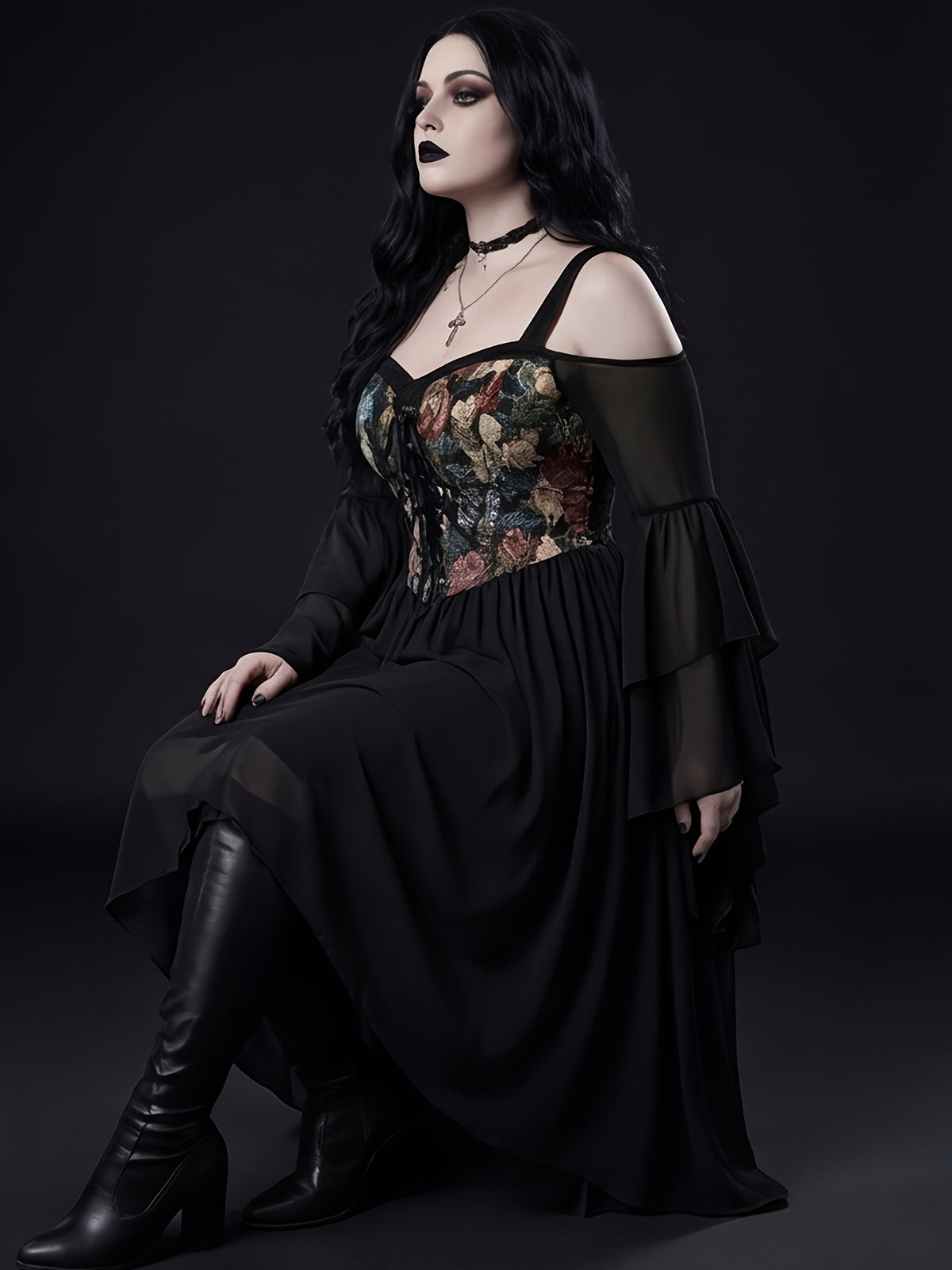 Robe de soirée grande taille — Buste jacquard et jupe noire