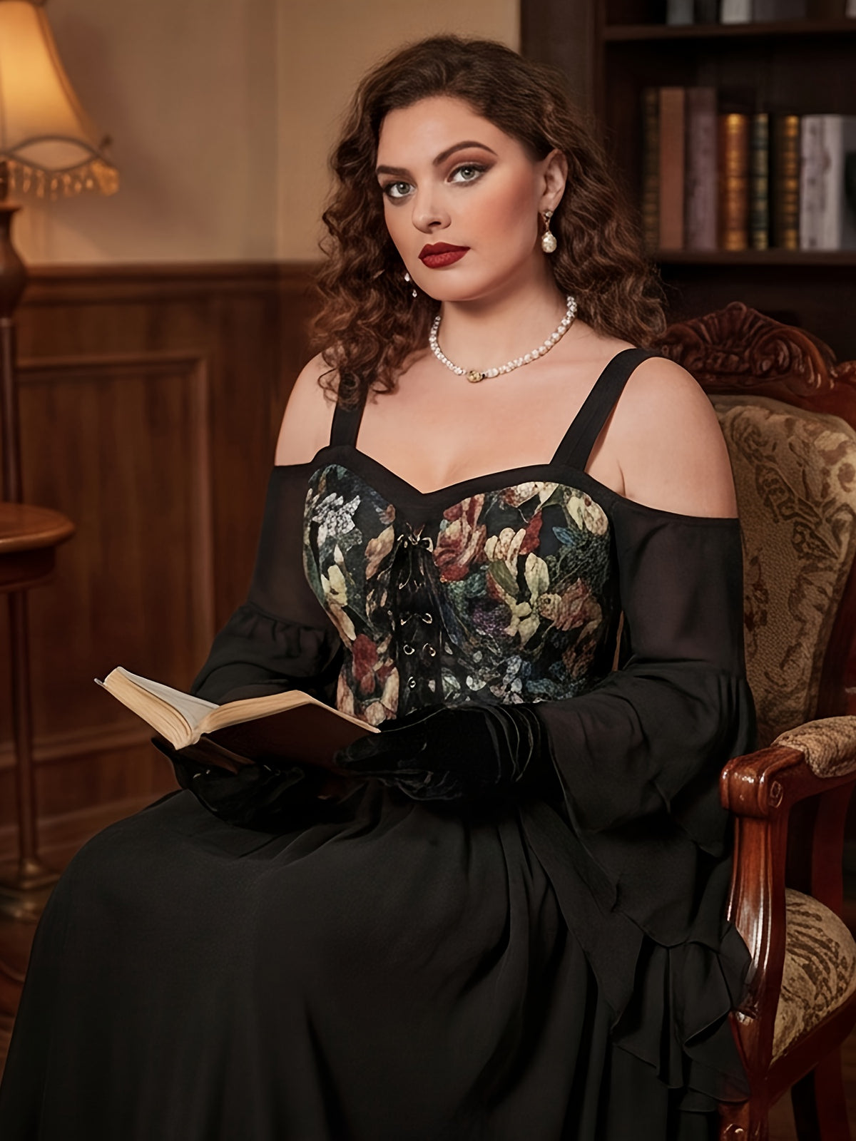 Robe de soirée grande taille — Buste jacquard et jupe noire