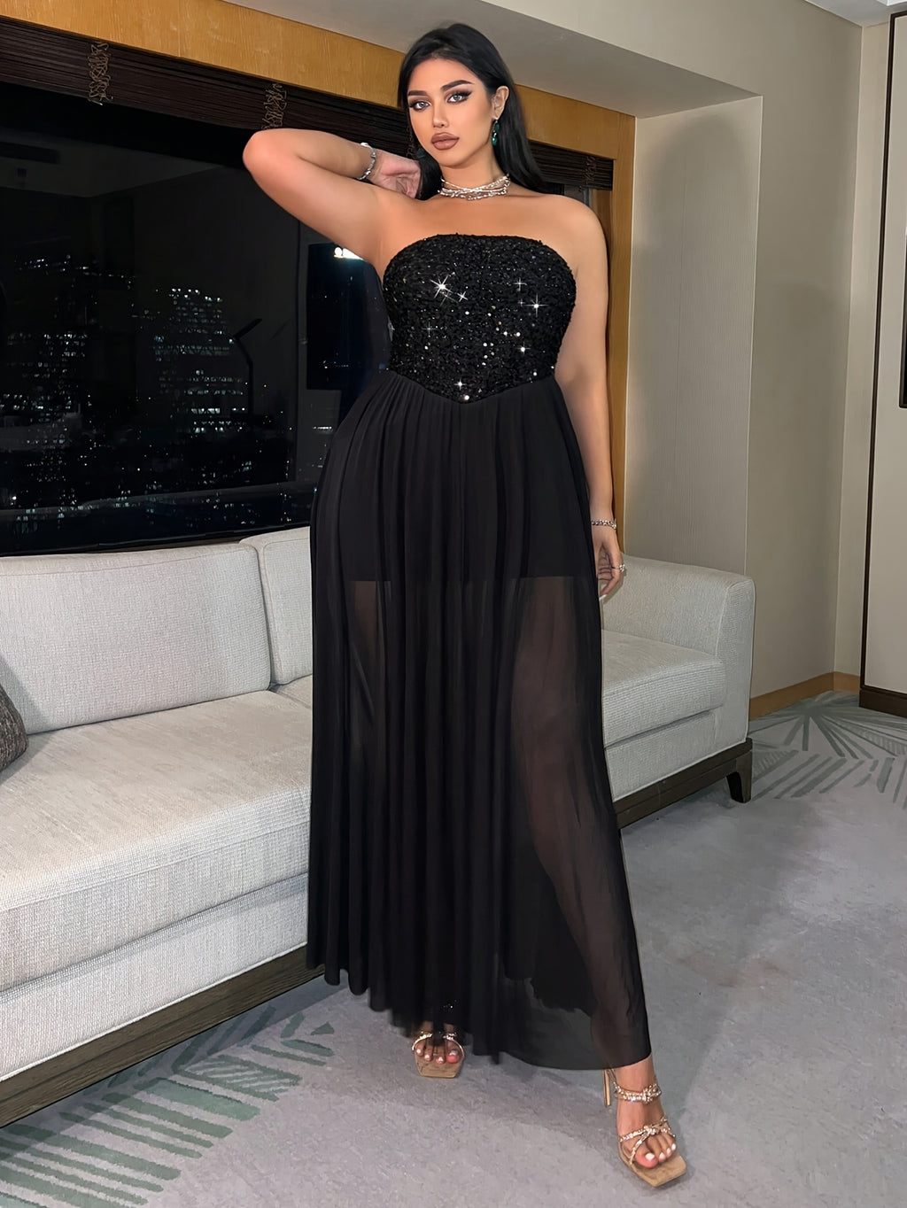 Robe de soirée grande taille — Buste sequiné sur voile de maille