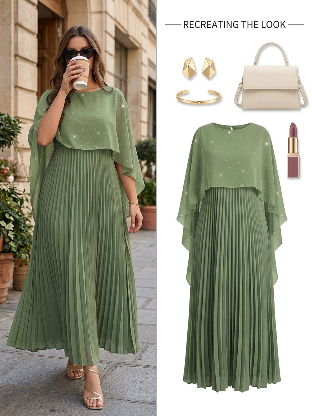 Robe de soirée grande taille — Cape pailletée et plissé long