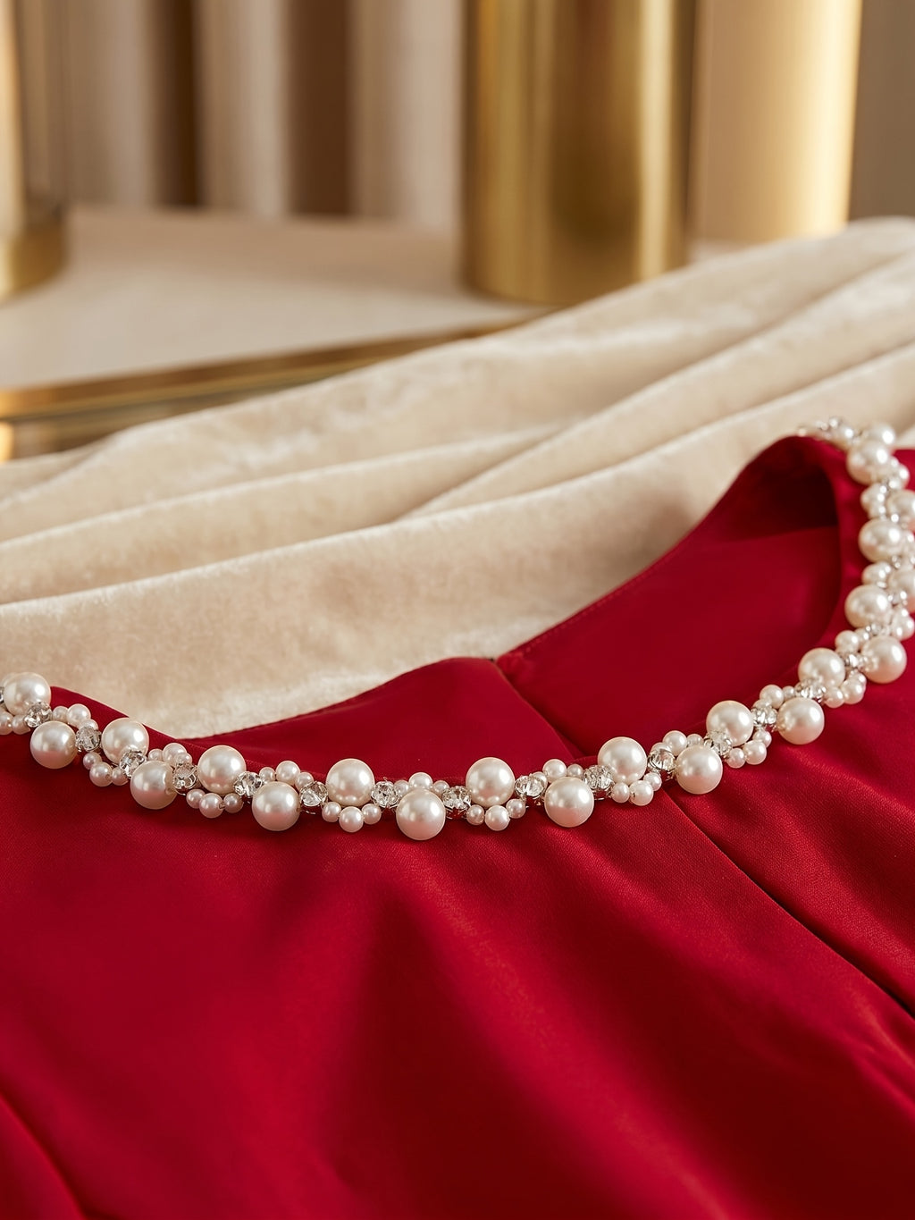 Robe de soirée grande taille, col perlé et voile fluide