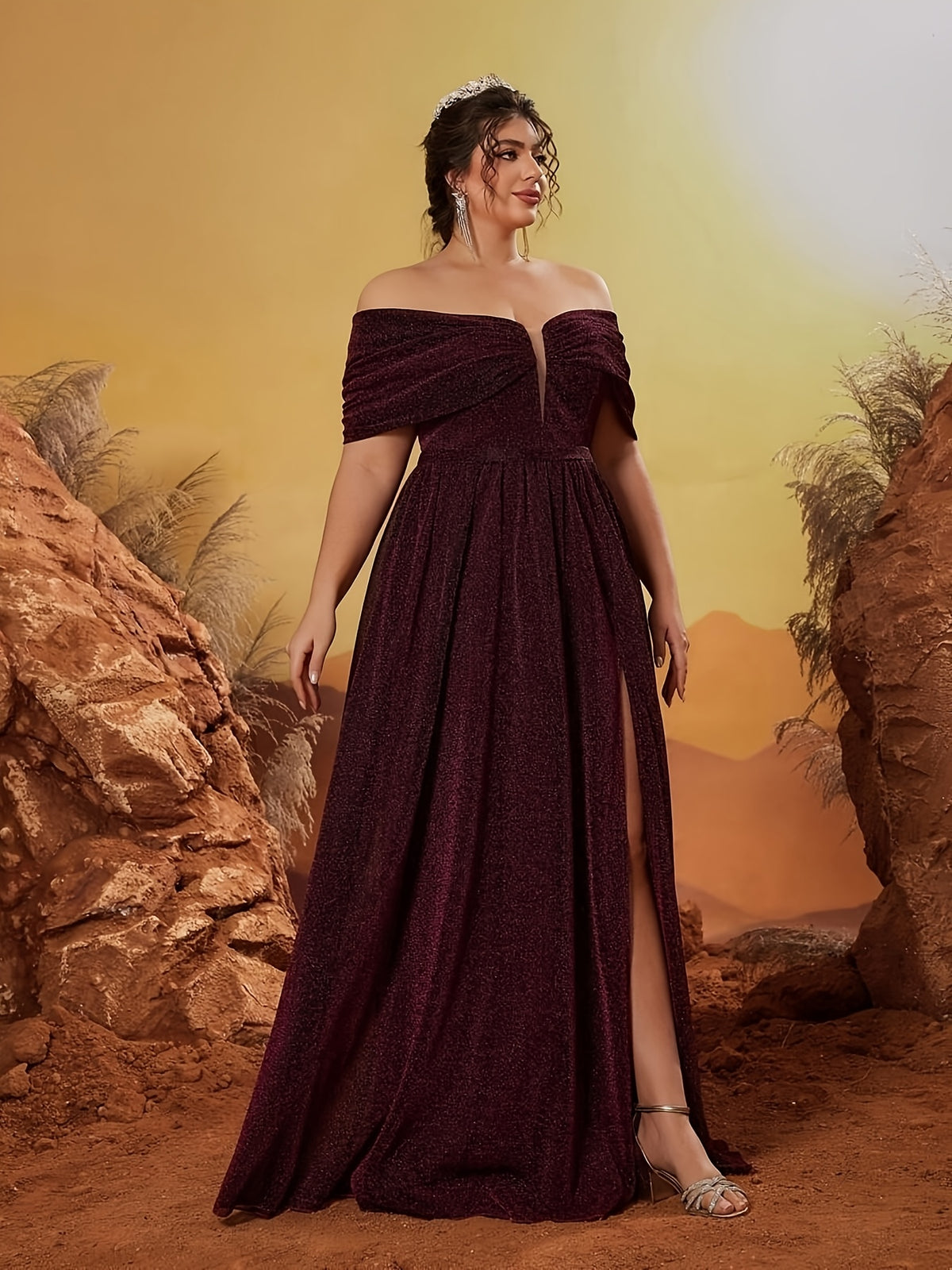 Robe de soirée grande taille, maille lurex cuivrée fendue