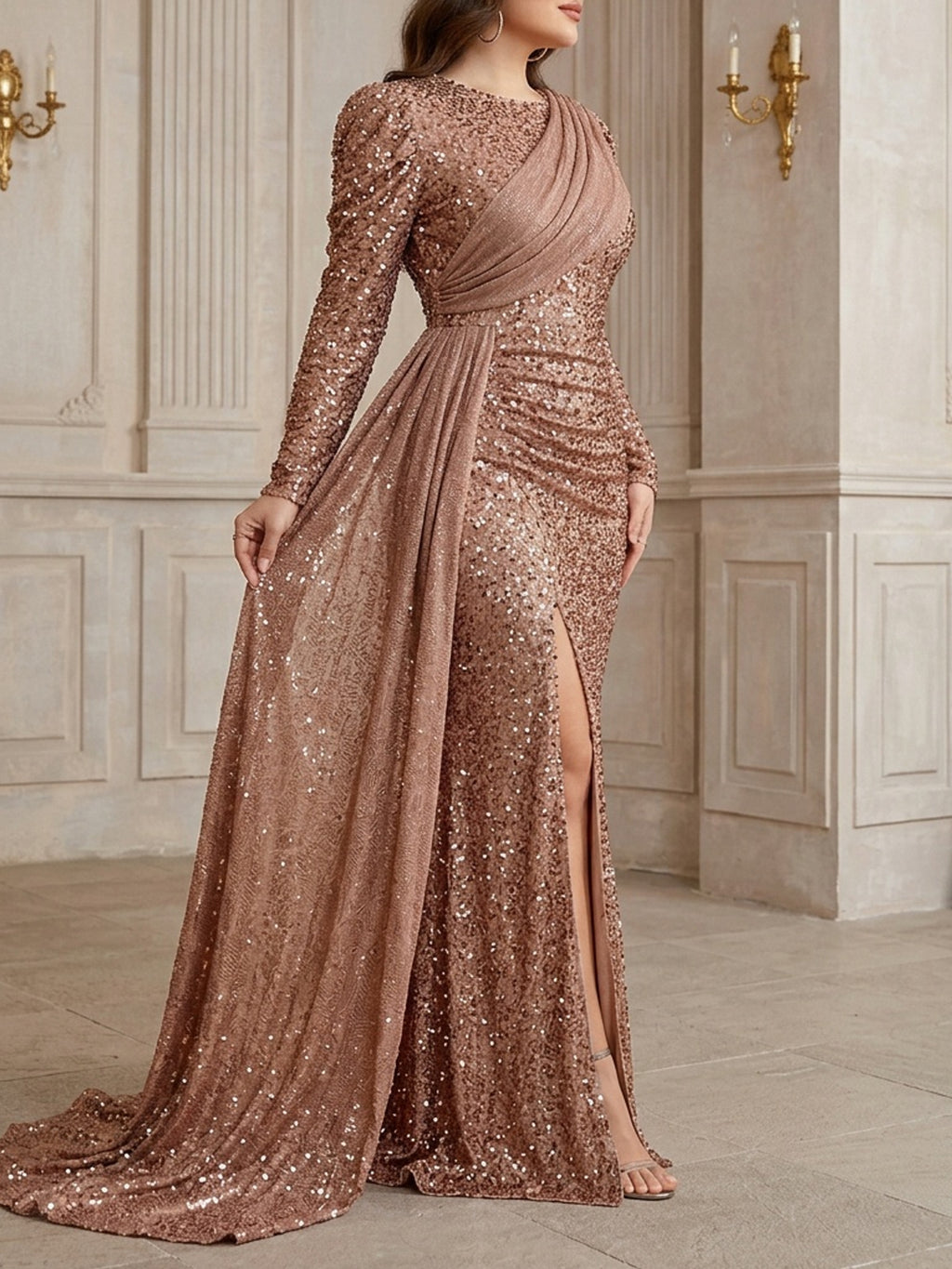 Robe de soirée grande taille — Cuivre pailleté et traîne drapée