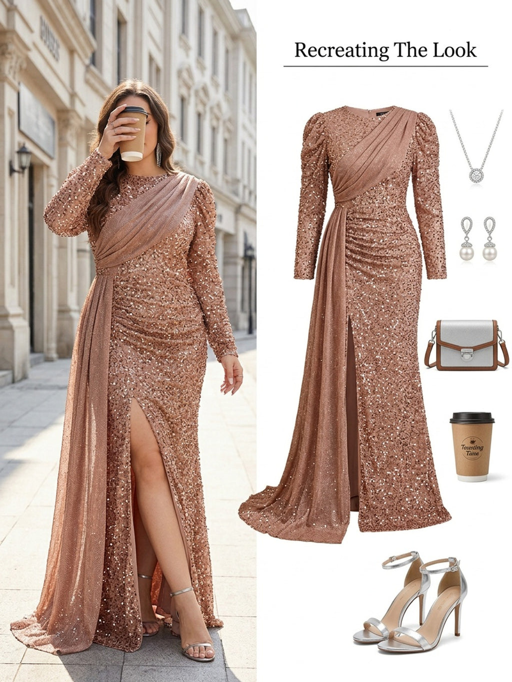 Robe de soirée grande taille — Cuivre pailleté et traîne drapée