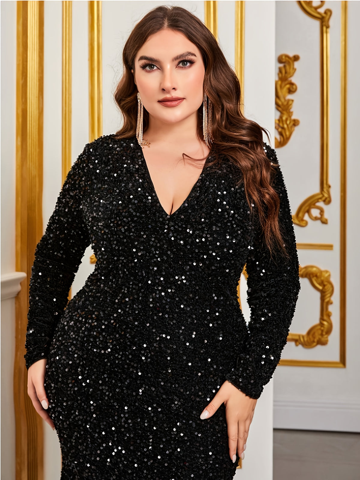 Robe de soirée grande taille — Coupe sirène noire à sequins