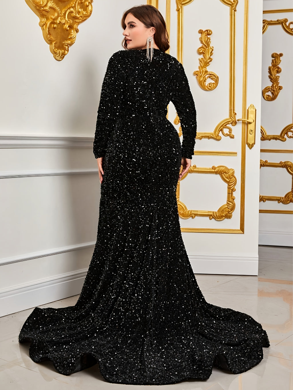 Robe de soirée grande taille — Coupe sirène noire à sequins