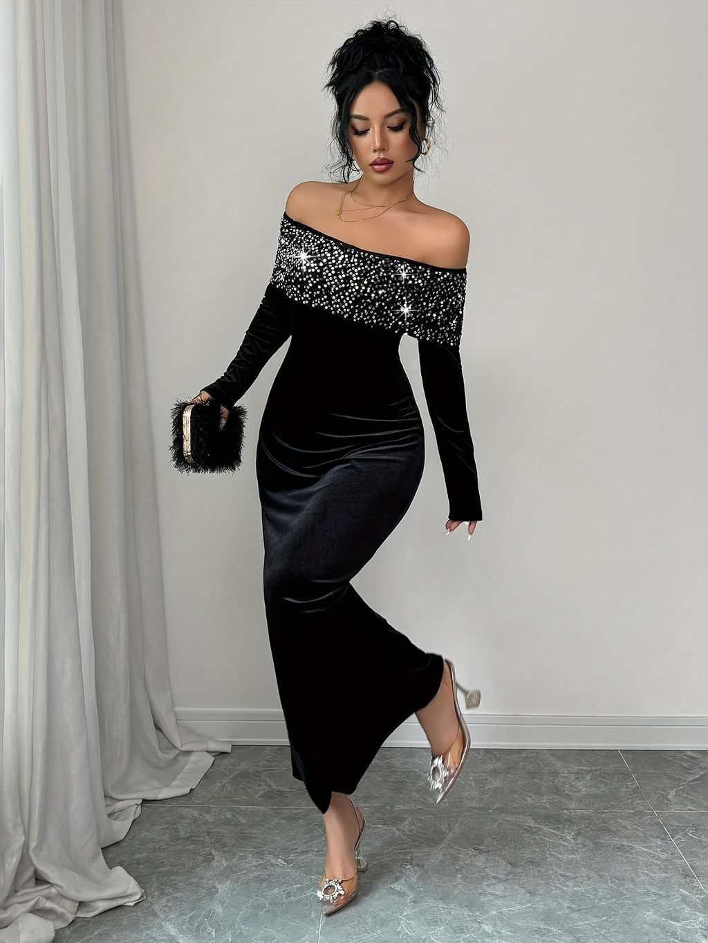Robe de soirée grande taille — Velours à revers de perles