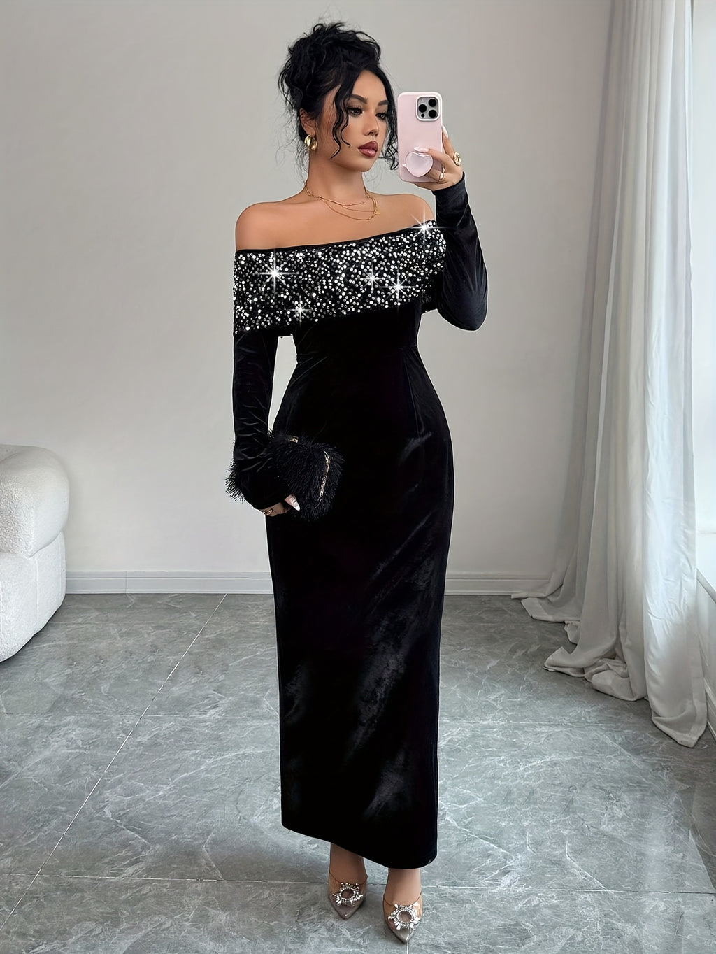 Robe de soirée grande taille — Velours à revers de perles