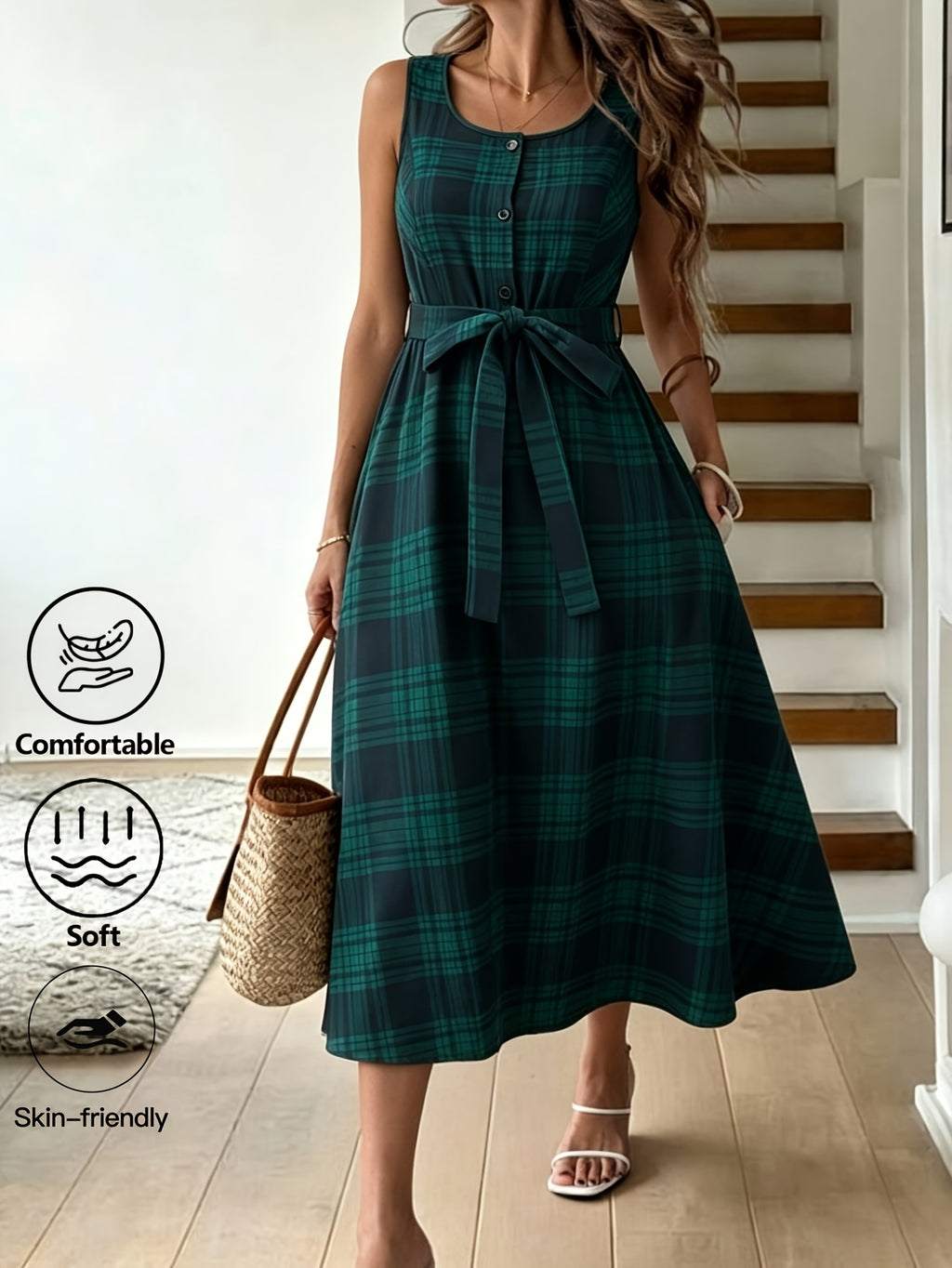 Robe trapèze grande taille — Tartan vert, patte boutonnée