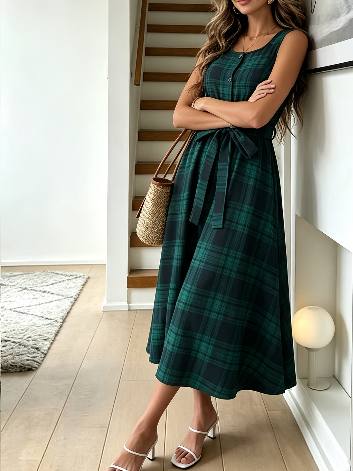 Robe trapèze grande taille — Tartan vert, patte boutonnée