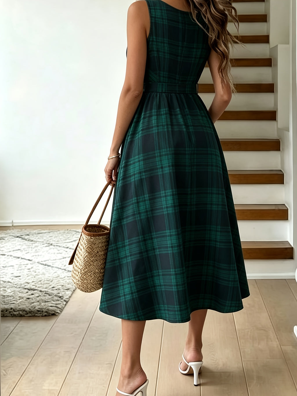 Robe trapèze grande taille — Tartan vert, patte boutonnée