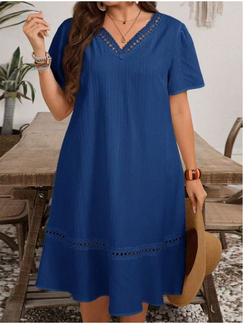 Robe tunique grande taille — Bleu à galon ajouré au crochet